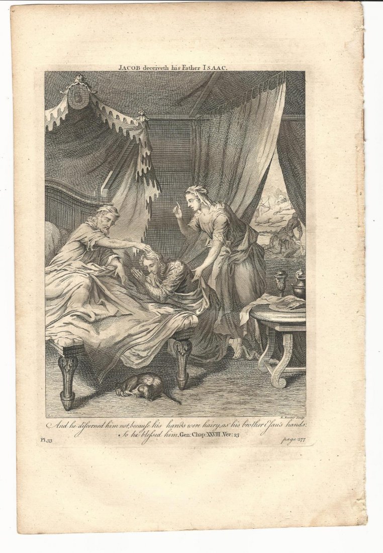 1760 Map of Jacob and Isaac: Engraving “Jacob Deceiveth His Father Isaac”, engraved by Rooker, circa 1760, Fine condition, measures 9.5 x 14”.