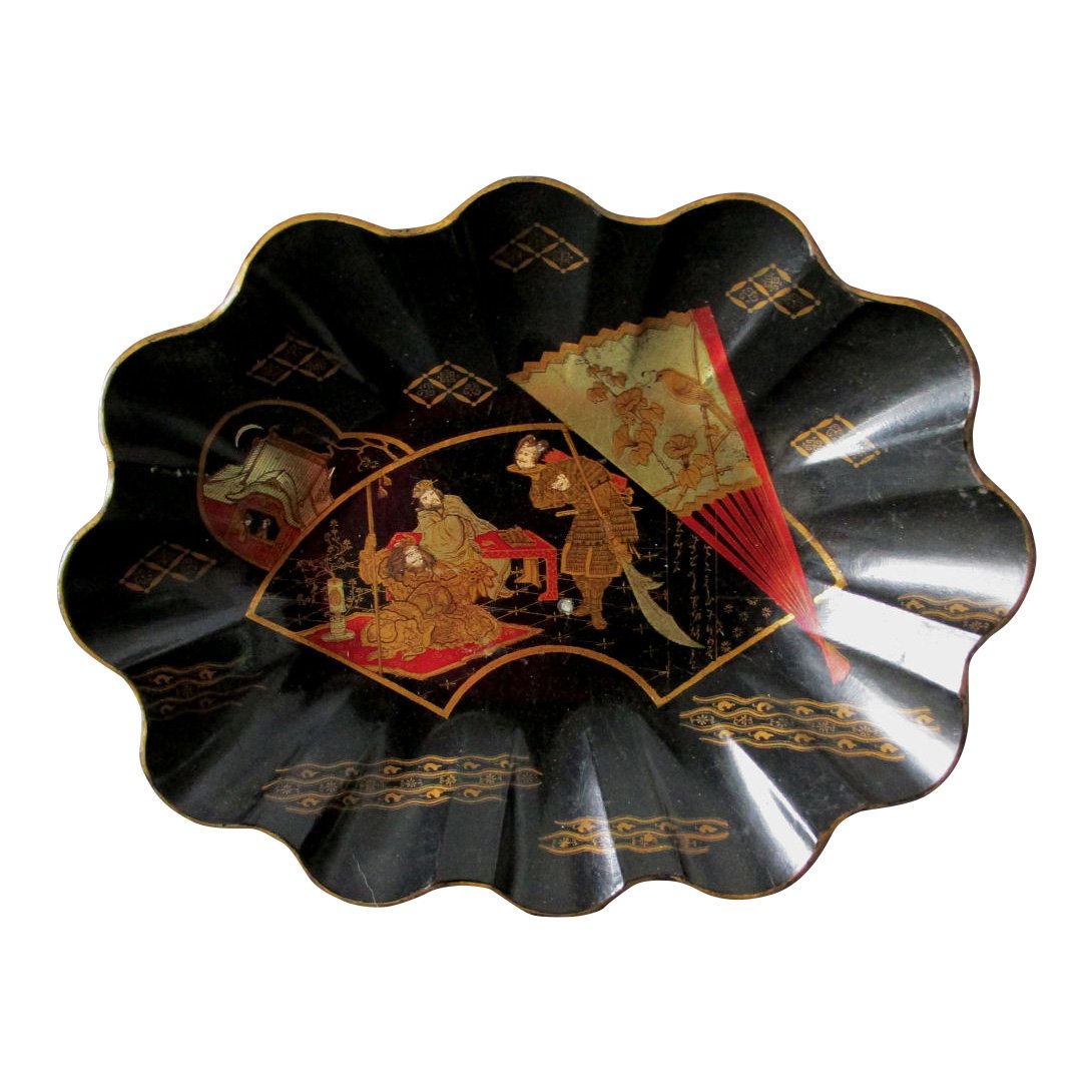 19thC Victorian Asian Paper Mache Scalloped Bowl with (1 of 5)