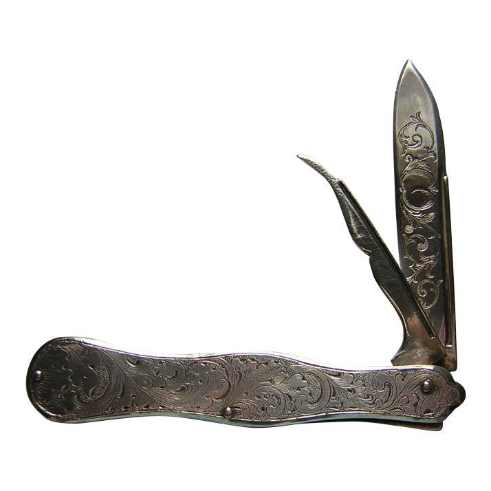 19thC Victorian Sterling Silver Pocketknife, Engraved (1 of 8)