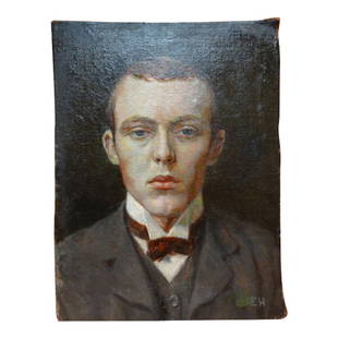 Ejnar Hansen: Self Portrait, 1904 P1104: Haunting self-portrait of the artist Ejnar Hansen as a young man in 1904. Oil on board, unframed, 12 x 16. Born into poverty in Copenhagen, Denmark, Ejnar Hansen (1884-1965) was raised on a dairy farm