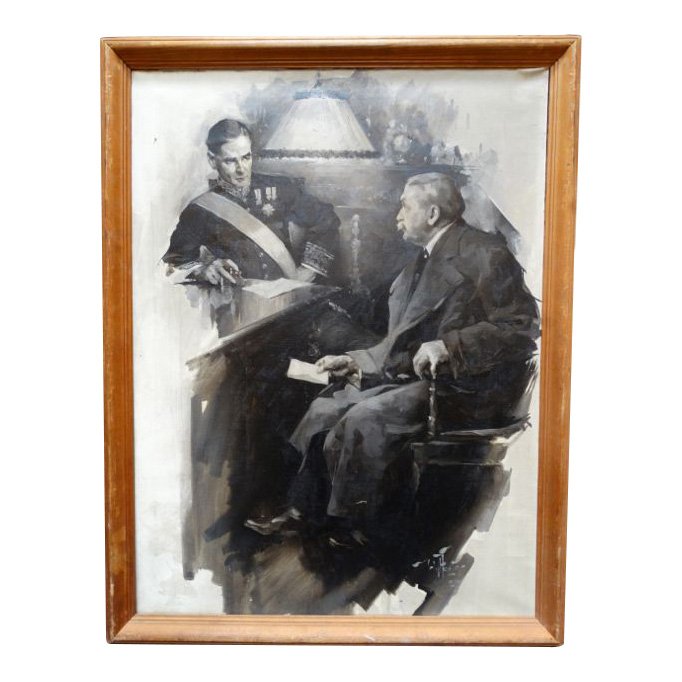 William Frederick Foster: Magazine Illustration, World: Prime Minister David Lloyd George, at the War Cabinet, conferring with his Military Secretary Colonel Arthur Lee (later First Viscount Lee of Fareham). Probably one of a series of illustrations for an