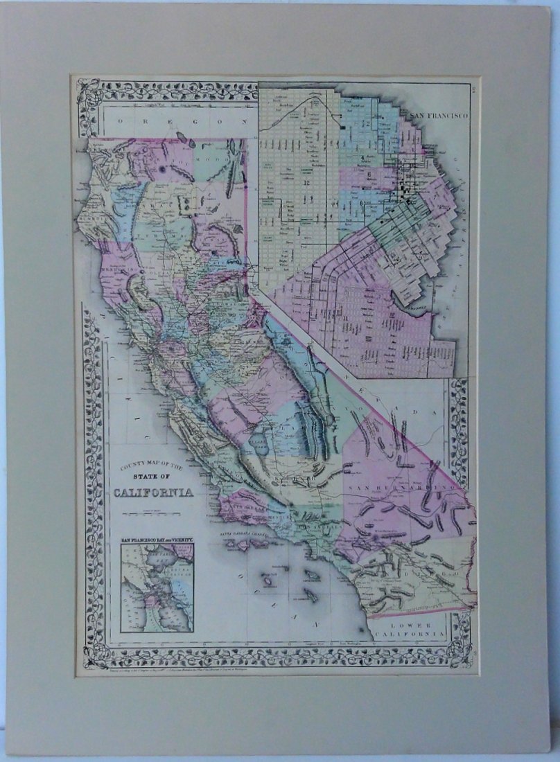 Map of California by Mitchell, 1883: Original lithograph published by Augustus Mitchell, 1883. Map features inset of San Francisco Bay & Vicinity. Dimensions: 27" L x 19.75" W