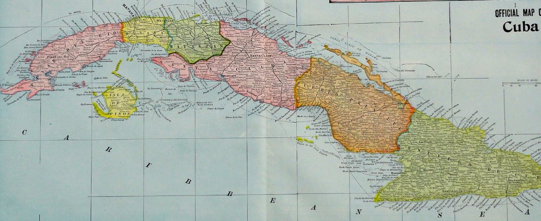 Cuba with inset of Havana, 1898: Original chromolithograph from Unrivaled Atlas of the World, by George Cram, 1898. Dimensions: 21.75" L x 14.5" W