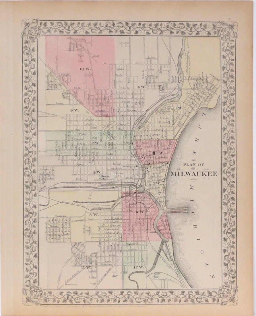 Plan of Milwaukee & Lake Michigan by Mitchell, 1881: Original steel engraving by Augustus Mitchell, 1881. Map features city streets & railroads. Dimensions: 15” x 12”