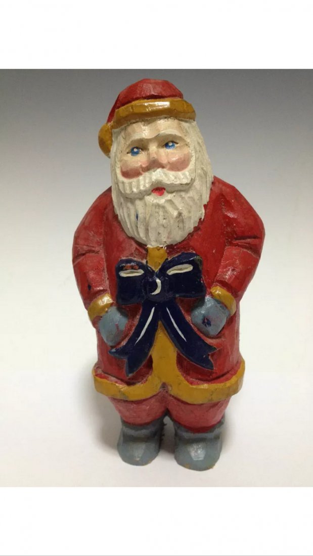 painted Santa Claus: Carved wood painted Mini Santa Claus Blue Ribbon 6'' T x 3'' W