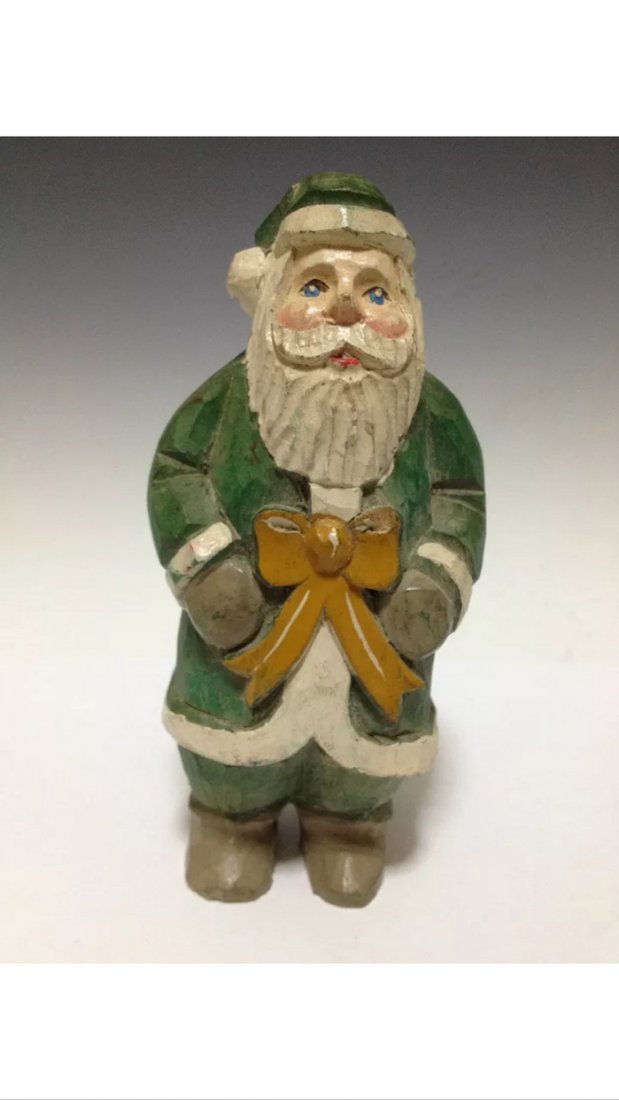 painted Santa Claus: Carved wood painted Mini Santa Claus yellow Ribbon 6'' T x 3'' W