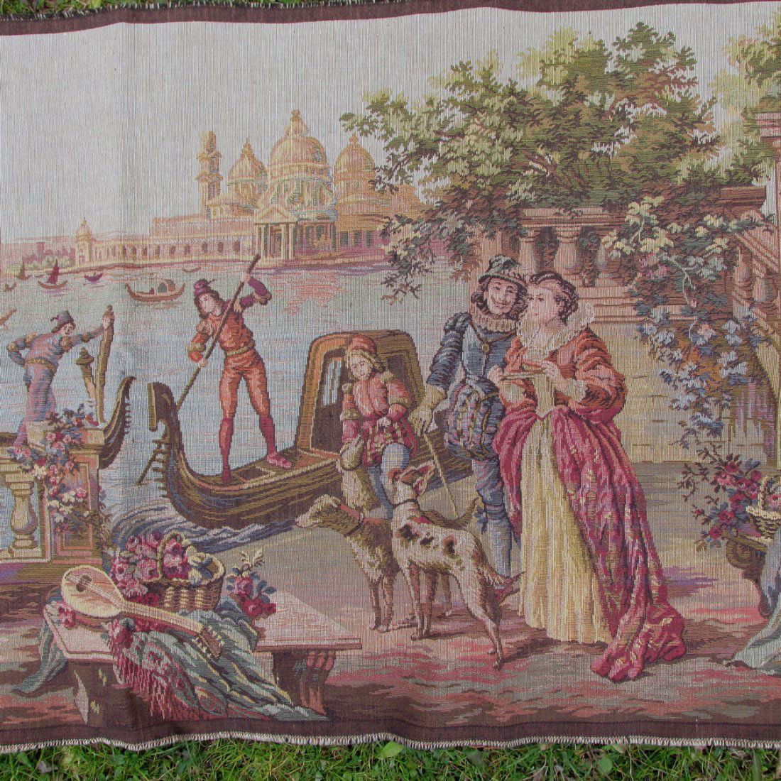 Antique Tapestry with Italian Scene, People, Dogs, Made (1 of 4)