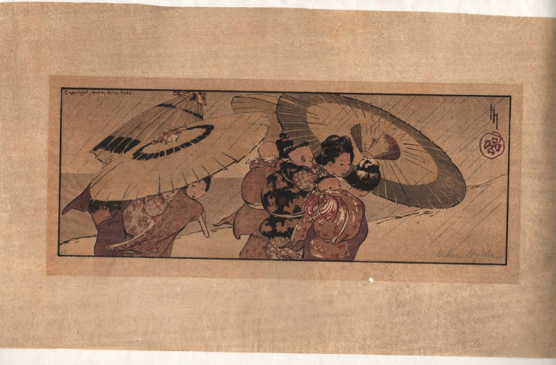 Original Japanese Woodblock Print by Helen Hyde: Original Japanese woodblock print by Helen Hyde. Subject: A summer shower. Pencil signed. Printed on thin tissue-like paper. Please note that this lot has a reserve. If you submit a maximum absentee b