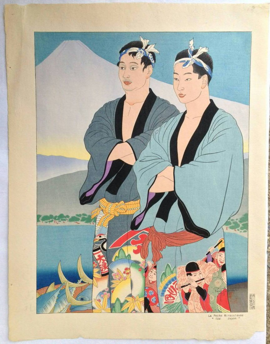 Original Japanese Woodblock - Paul Jacoulet –: Artist: Paul Jacoulet. Subject: La Peche Miraculeuse. Izu, Japon (The Miraculous Catch. Izu, Japan). Seal: Boat. Carver: Maeda. Printer: Onadera. Edition: 255/350 (there are less than 250 impressions 