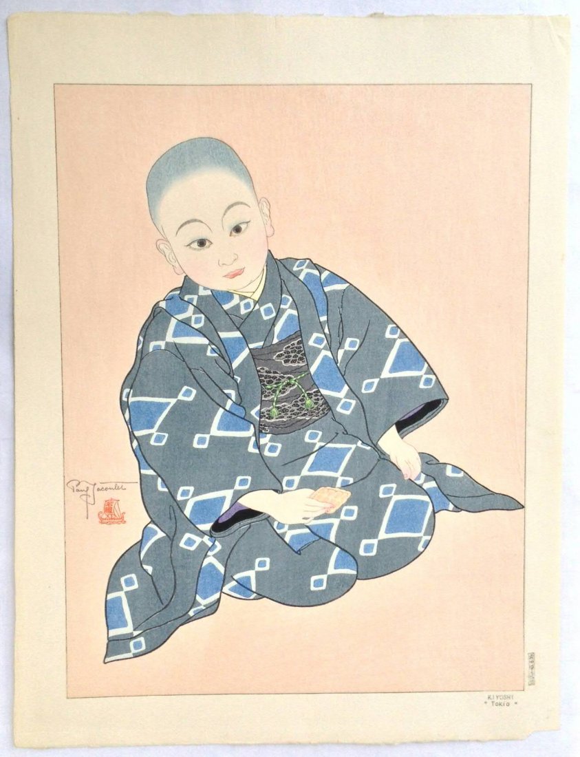 Original Japanese Woodblock – Paul Jacoulet – Tokio: Artist: Paul Jacoulet. Subject: Koyoshi. "Tokio" (Kiyoshi. Tokyo). Seal: Boat. Carver: Maeda. Printer: Honda, Uchikawa. Edition: Numbered on verso in Japanese (there are less than 320 impressions from