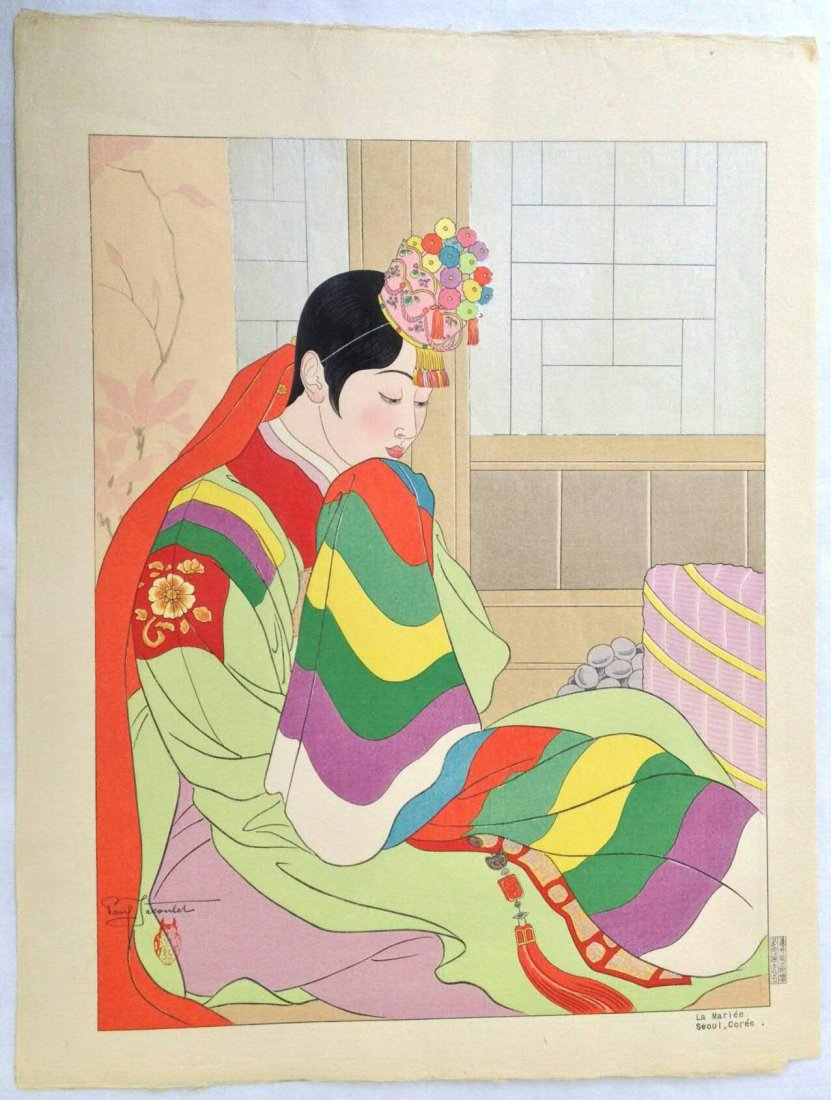 Original Japanese Woodblock – Paul Jacoulet – Seoul: Artist: Paul Jacoulet. Subject: La Mariee'. Seoul Coree' (The bride. Seoul, Korea). Seal: Owl. Carver: Maeda. Printer: Fujii, Uchikawa. Edition: 31/350 (there are less than 120 impressions from this e