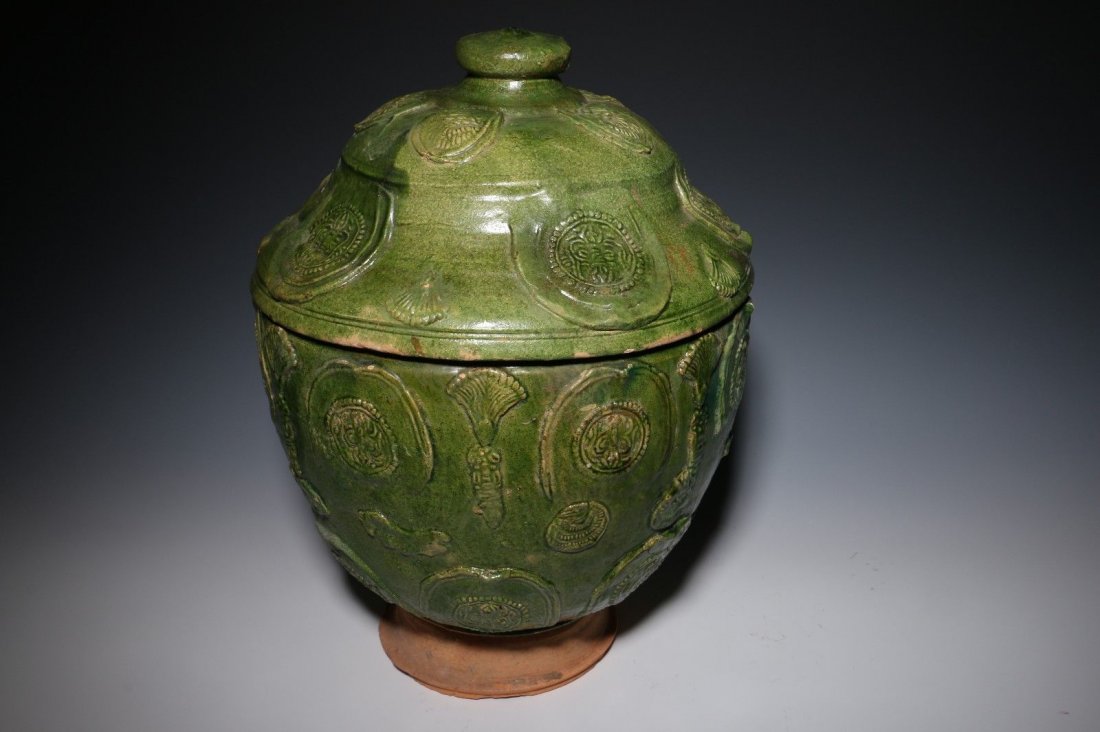 CHINESE YUAN DYNASTY GREEN GLAZED DECORATED JAR AND LID (1 of 4)