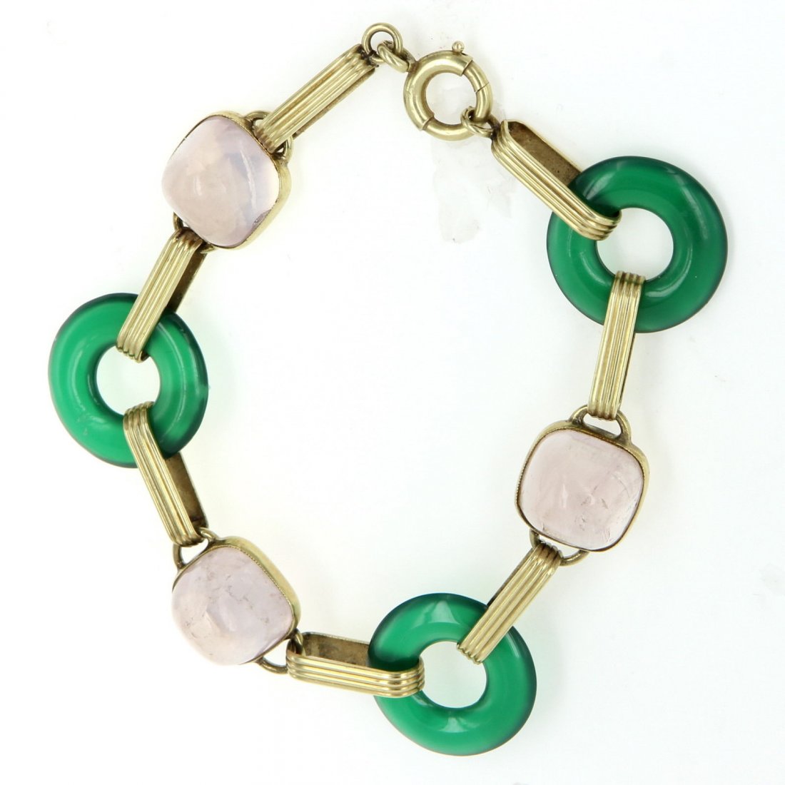 Antique Deco 14k Gold Chrysoprase Light Amethyst Round: Antique Deco 14k Gold Chrysoprase Light Amethyst Round Link Bracelet Vintage ???? Deco Link Bracelet Overview: Offered for sale a truly beautiful art deco round link bracelet (circa 1920s-1930s), craf