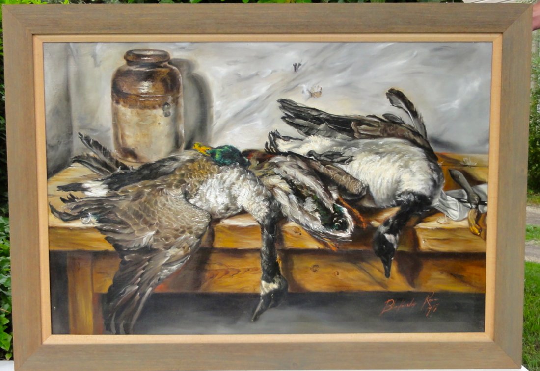Still Life Painting of Mallard Duck & Geese, Blakenship: Original oil on canvas still life painting of mallards and geese. Signed lower right corner "Blakenship Rowe, 1977." Displayed in a wood frame and inner linen liner. Dimensions: 55" L x 2" W x 39" H