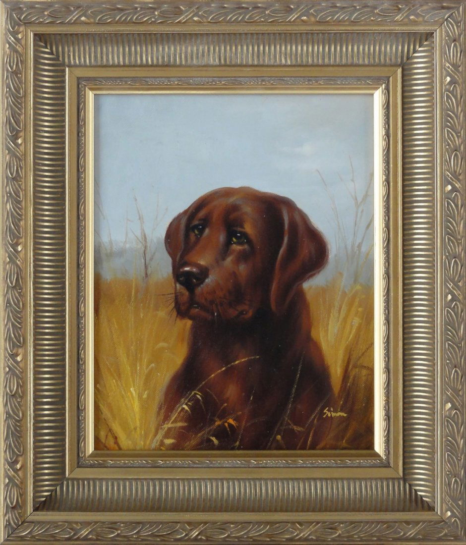 Chocolate Labrador Dog, Framed Oil Painting: Original Oil painting by artist Simon, signed lower right. Displayed in a wood frame. Dimensions: 12" L x 14" W x 2.25" H