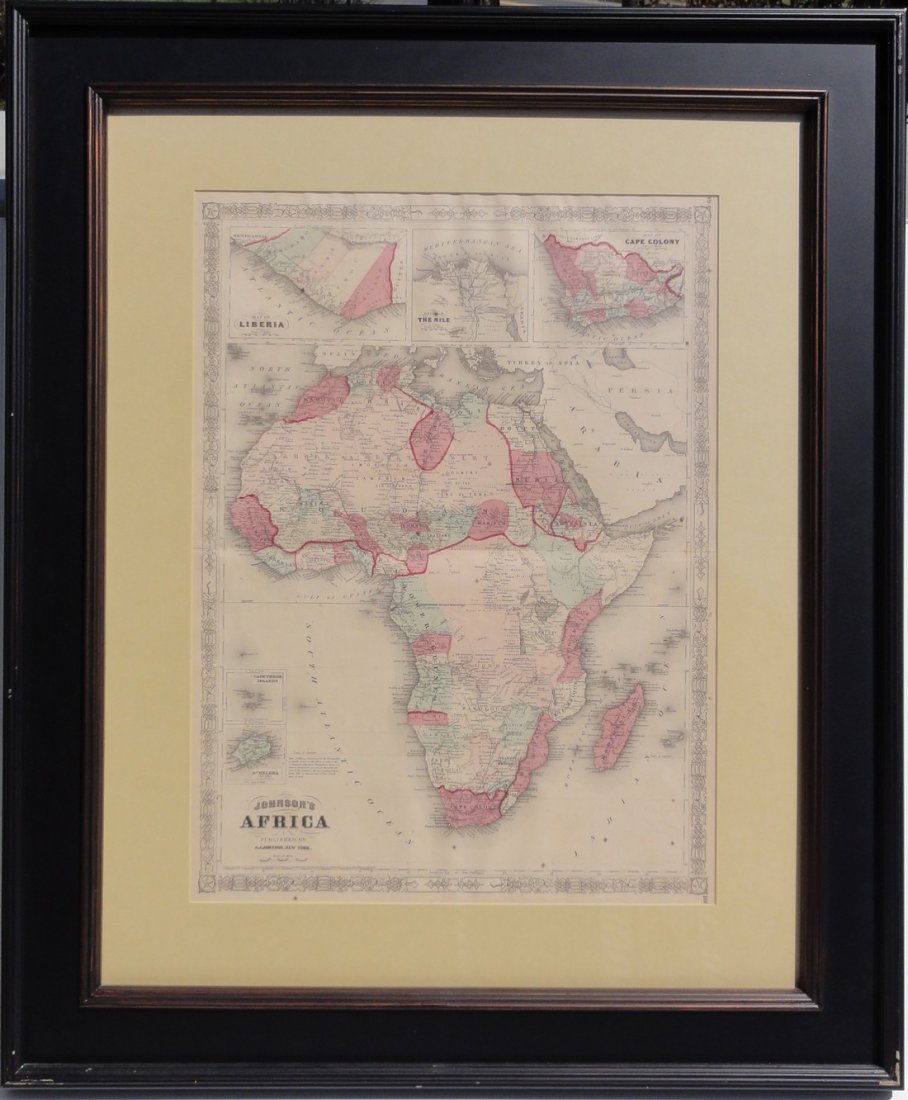 Map of Africa, 1864, Custom Framed: Original engraving from the World Atlas by Johnson, New York, 1864. Map includes vignettes of Libera, Delta of the Nile, Cape Colony, Cape Verde Islands and St. Helena. Displayed in a wood frame and U