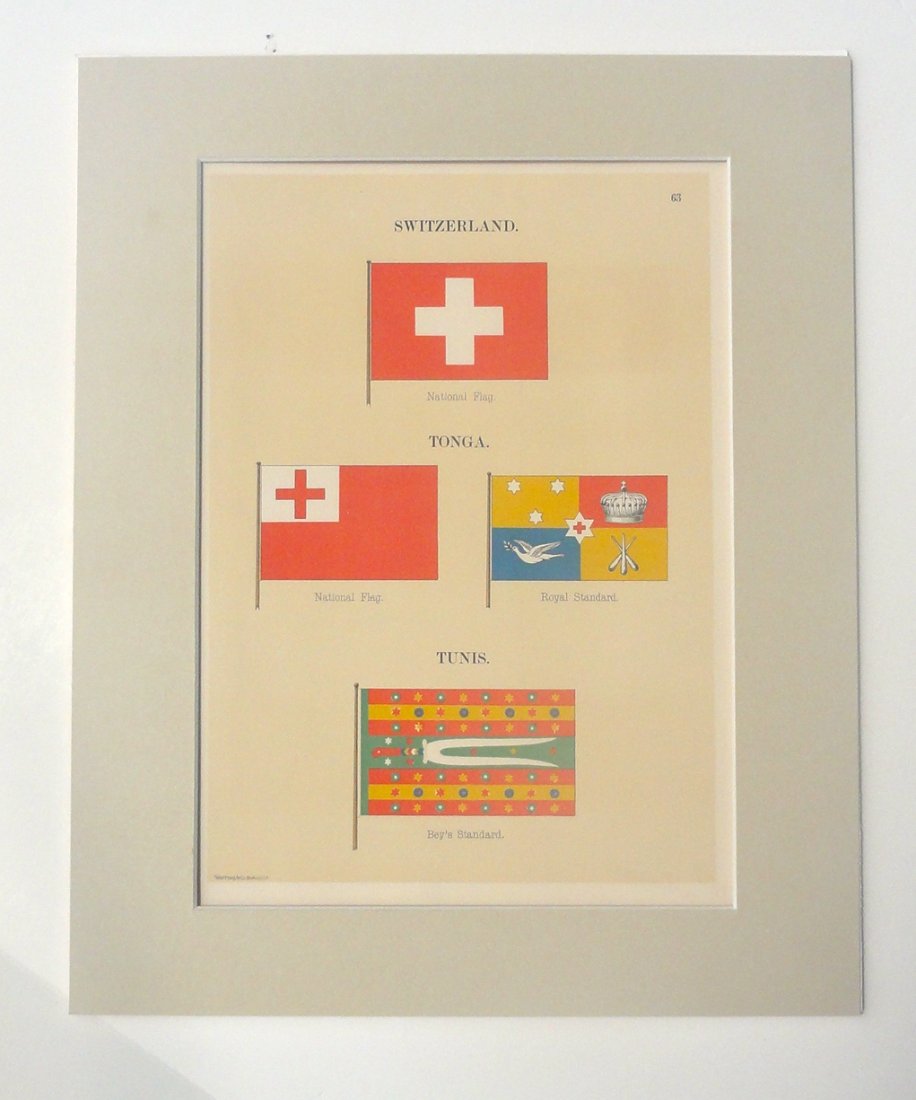 Nautical Flags of Switzerland, 1882: Original chromolithograph from "Flags of the Maritime Nations" published by the Bureau of Navigation, Washington, DC, 1882. Dimensions: 12" L x 16" W