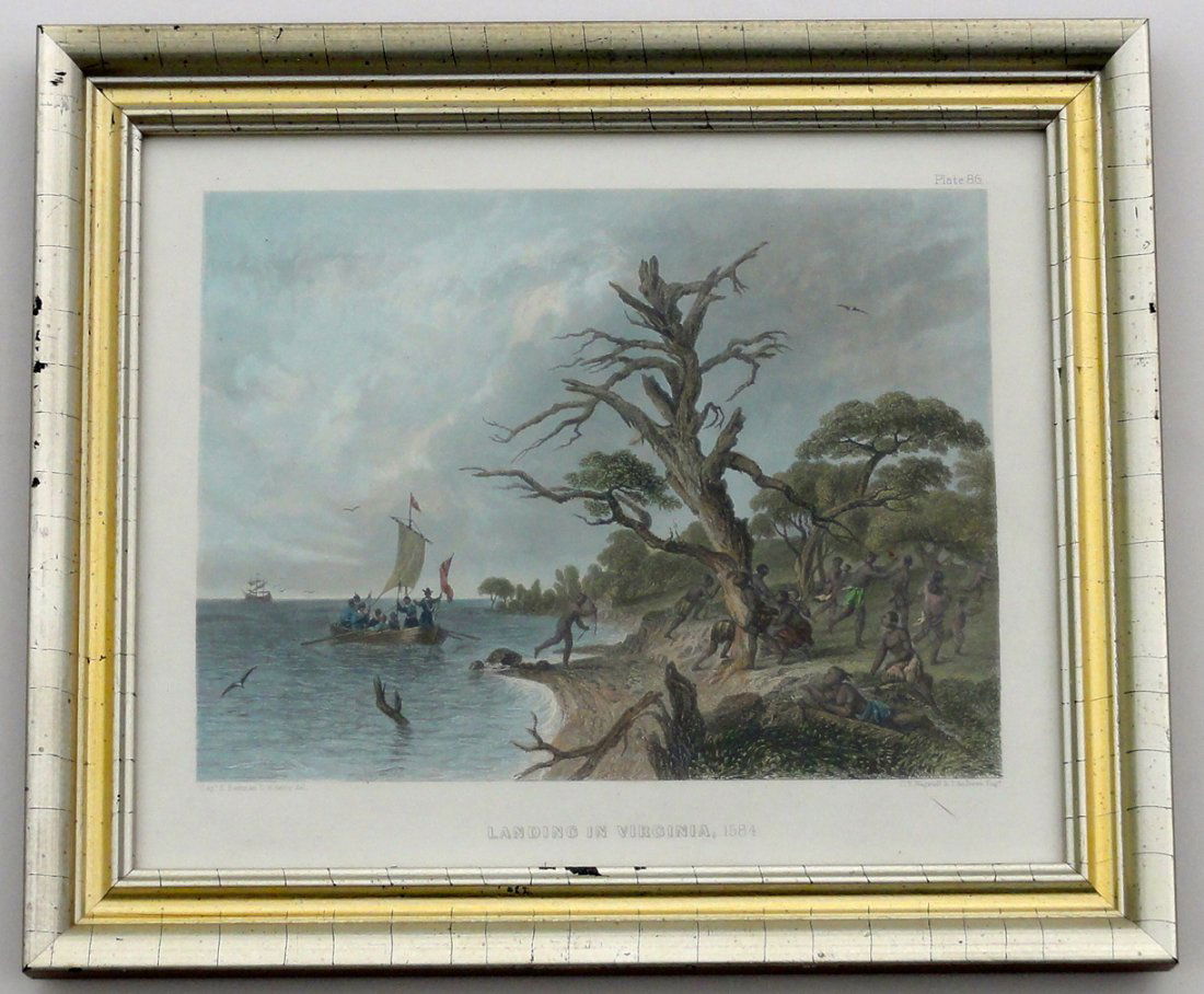 Landing in Virginia, Indians Fleeing by Eastman, 1854: Original Antique Engraving from the American Aboriginal Portfolio by Seth Eastman and published by Wagstaff & Andrews, 1854. Framed. Dimensions: 9 1/2" x 11" x 1"