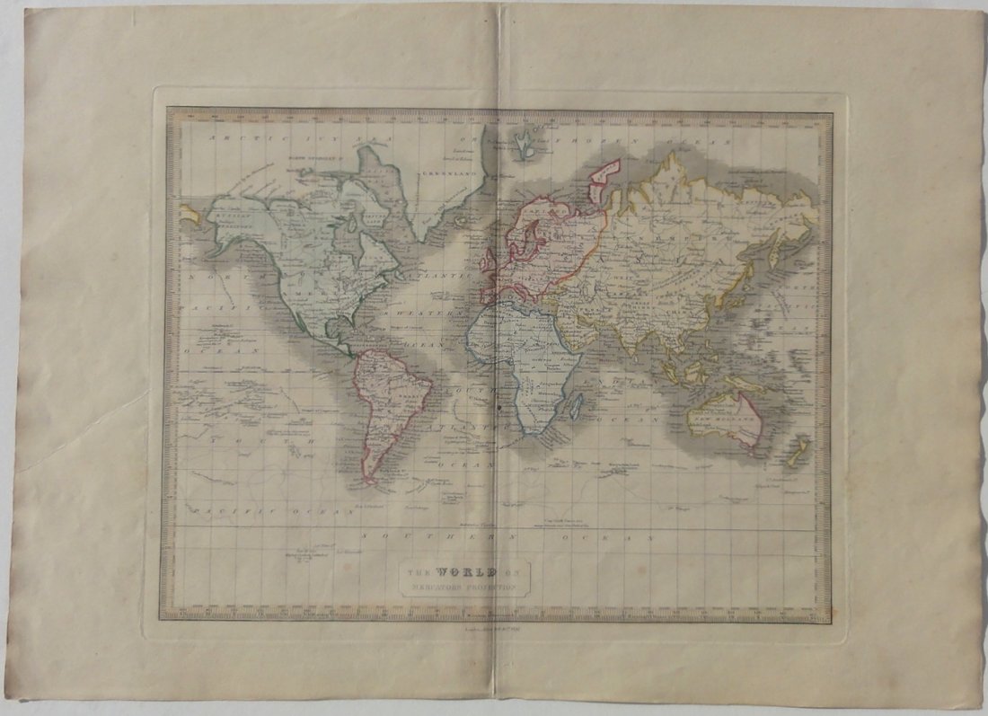 Map of The World on Mercators Projection by Allen Bell,: Original engraving of The World on Mercators Projection by Allen Bell & Company, London 1837. Dimensions: 14 “ x 18 1/2”