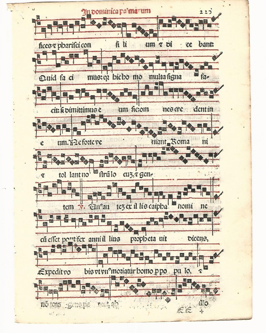 1567 Catholic Hymnal Leaf: A printed hymnal leaf in red and black from “Sacerdotal ad Consuetudinem Sacro Sancte”, printed at Venice by Petri Liechtenstein. Fine, measures 6 x 8.5”.