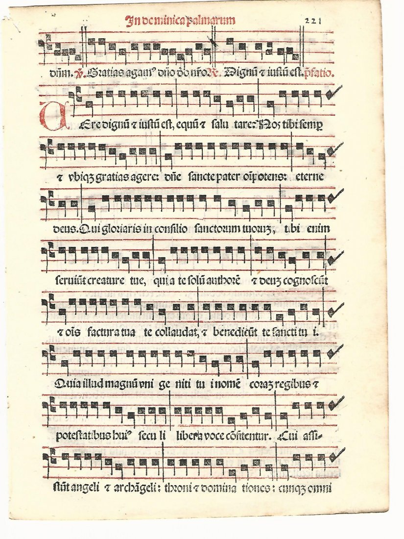 1567 Catholic Hymnal Leaf: A printed hymnal leaf in red and black from “Sacerdotal ad Consuetudinem Sacro Sancte”, printed at Venice by Petri Liechtenstein. Fine, measures 6 x 8.5”.