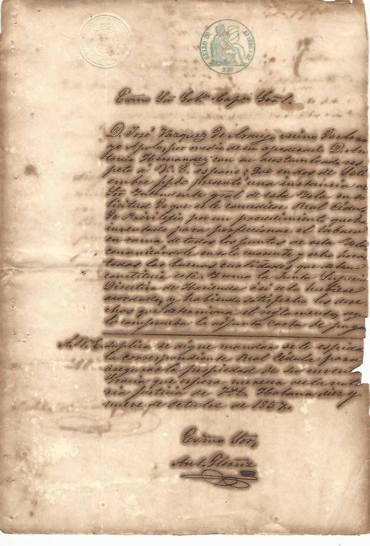 1858 Cuba Patent Documents Cigars (1 of 3)