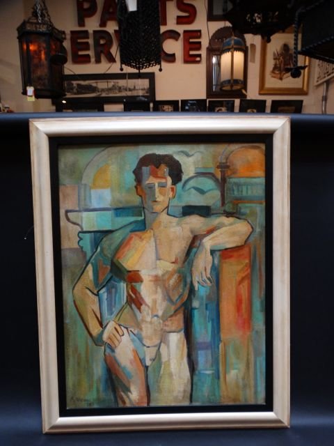 R. Williams: “Cubist Male” 1938 P1154: R. Williams: “Cubist Male” 1938 P1154 Striking and quite beautiful, cubist style depiction of a late 1930s male figure. Artist is R. Williams, dated 1938. Oil on canvas, 27w x 35.5h, with frame 34