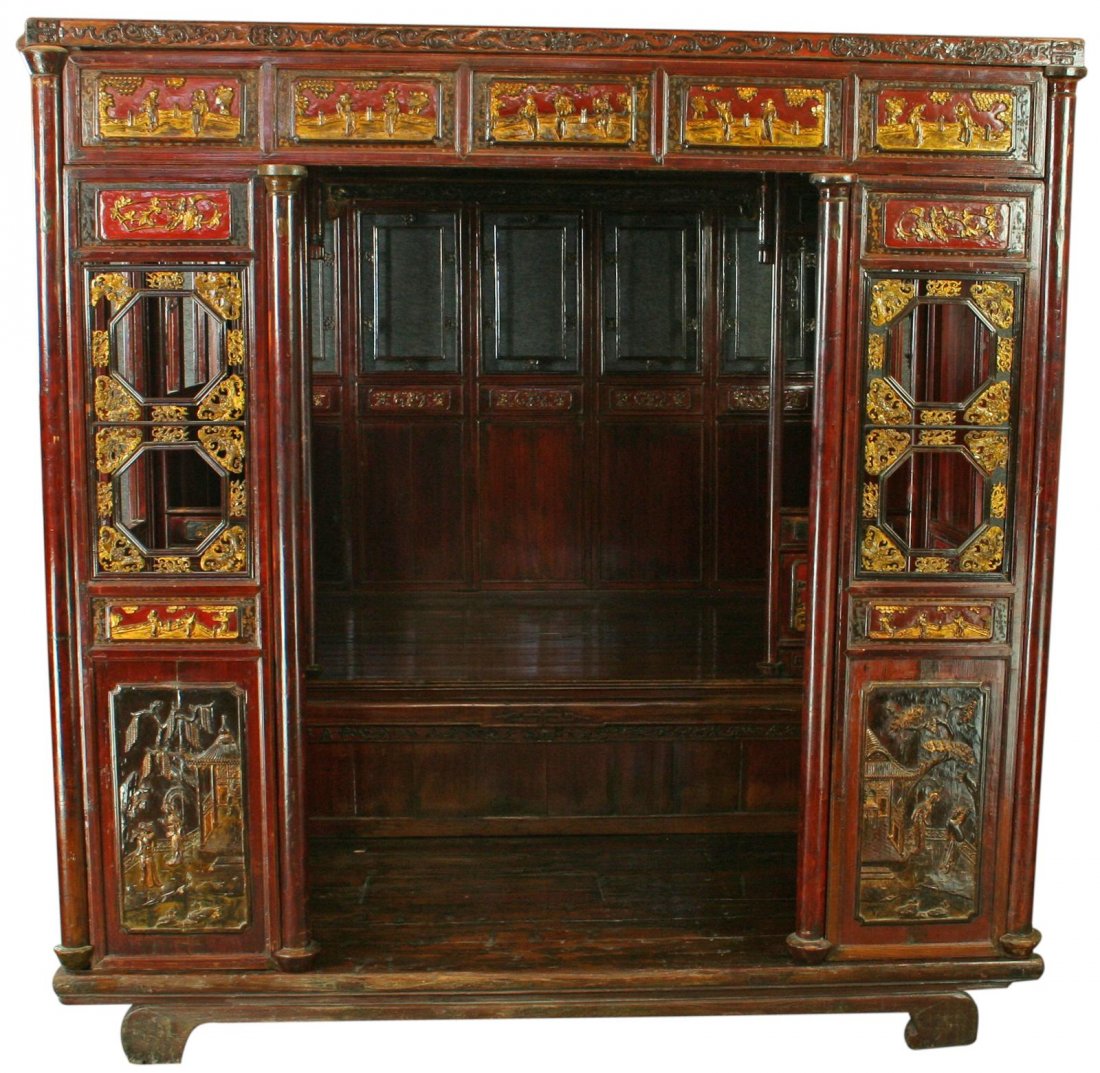1900 Bed Traditional Chinese Scenes Late Qing Dynasty: Antique and Vintage Bed Product Details: Dimensions (inches): 84H x 84W x 93D An extremely luxurious and ornamented traditional Antique Chinese Wedding Bed in red lacquered pine dating to 1900 from th