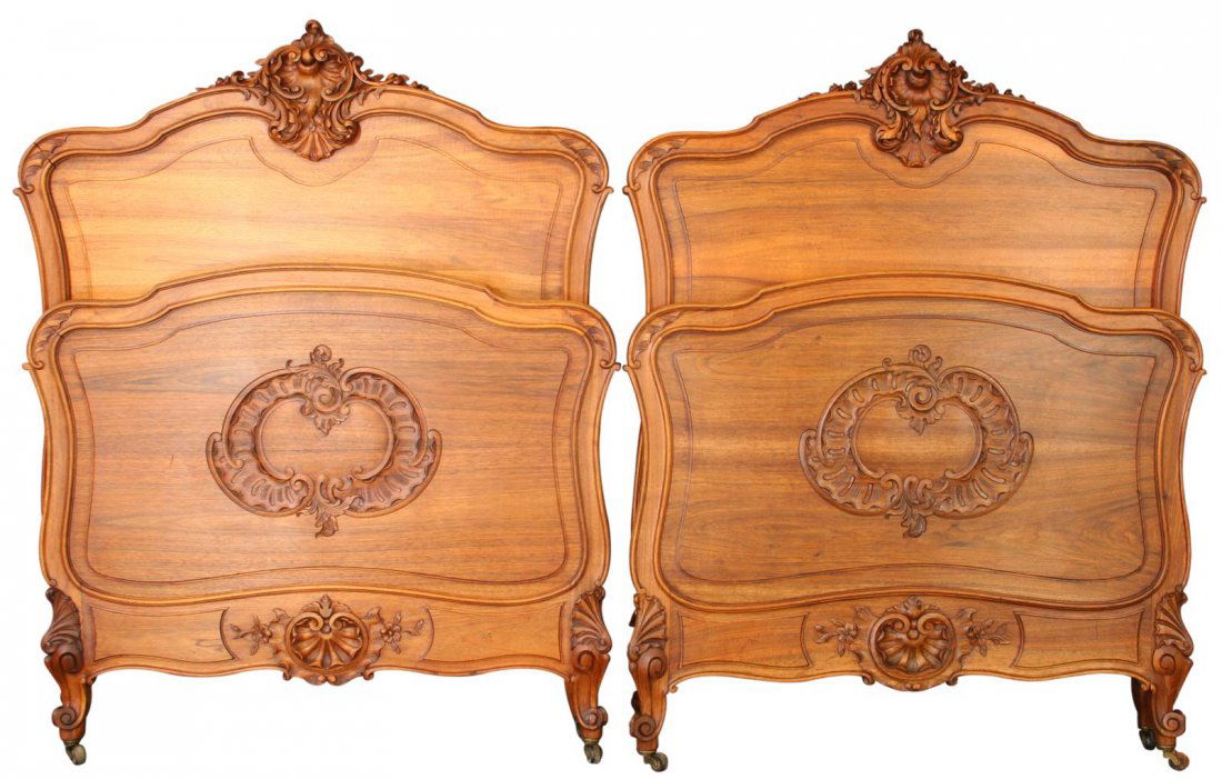 Pair Antique French Twin Beds, 1900 Louis XV Style,: Antique and Vintage French Bed Product Details: Dimensions (inches): 55H x 44W x 80L Headboard (Qty 2) 55H x 44W x 2D ; Footboard (Qty 2) 37.50H x 43.50W x 2D ; Siderail (Qty 4) 73.75L ; Boxspring Siz