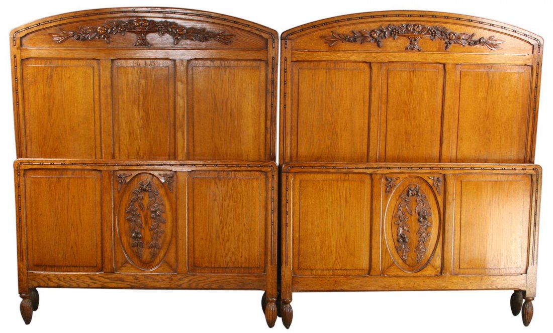 Pair Antique Art Deco Beds 1920 France, 2 Beds 46”: Antique and Vintage French Bed Product Details: Dimensions (inches): 58.25H x 46.25W x 2D Headboard 58.25H x 46.25W x 2D ; Footboard 30.50H x 46.25W x 2D ; Siderail 74.75L This pair of darling Art De