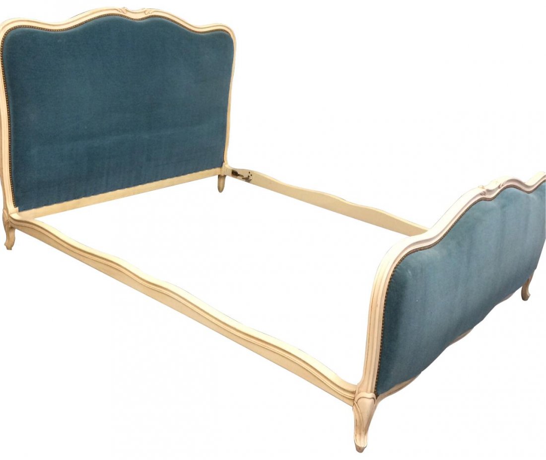 Vintage French Bed, Louis XV Style, Painted Wood,: Antique and Vintage French Bed Product Details: Dimensions (inches): 46H x 59.50W x 7D Headboard 46H x 59.50W x 3D ; Footboard 28.75H x 59.50W x 4D ; Interior 57W x 75L ; Exterior 59W x 80.50L ; S
