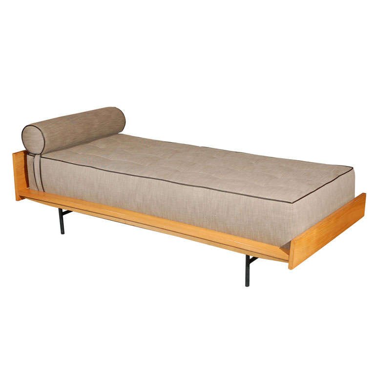 1960's Pair Of Stamped Pierre Guariche Daybeds.: 1960's Pair Of Stamped Pierre Guariche Daybeds. France 1960 GREAT PAIR OF FRENCH 1960'S DAYBED WOOD FRAME WITH IRON LEGS DESIGN AND STAMPED PIERRE GUARICHE. Measurements Height: 20 in. Width/Length: 6