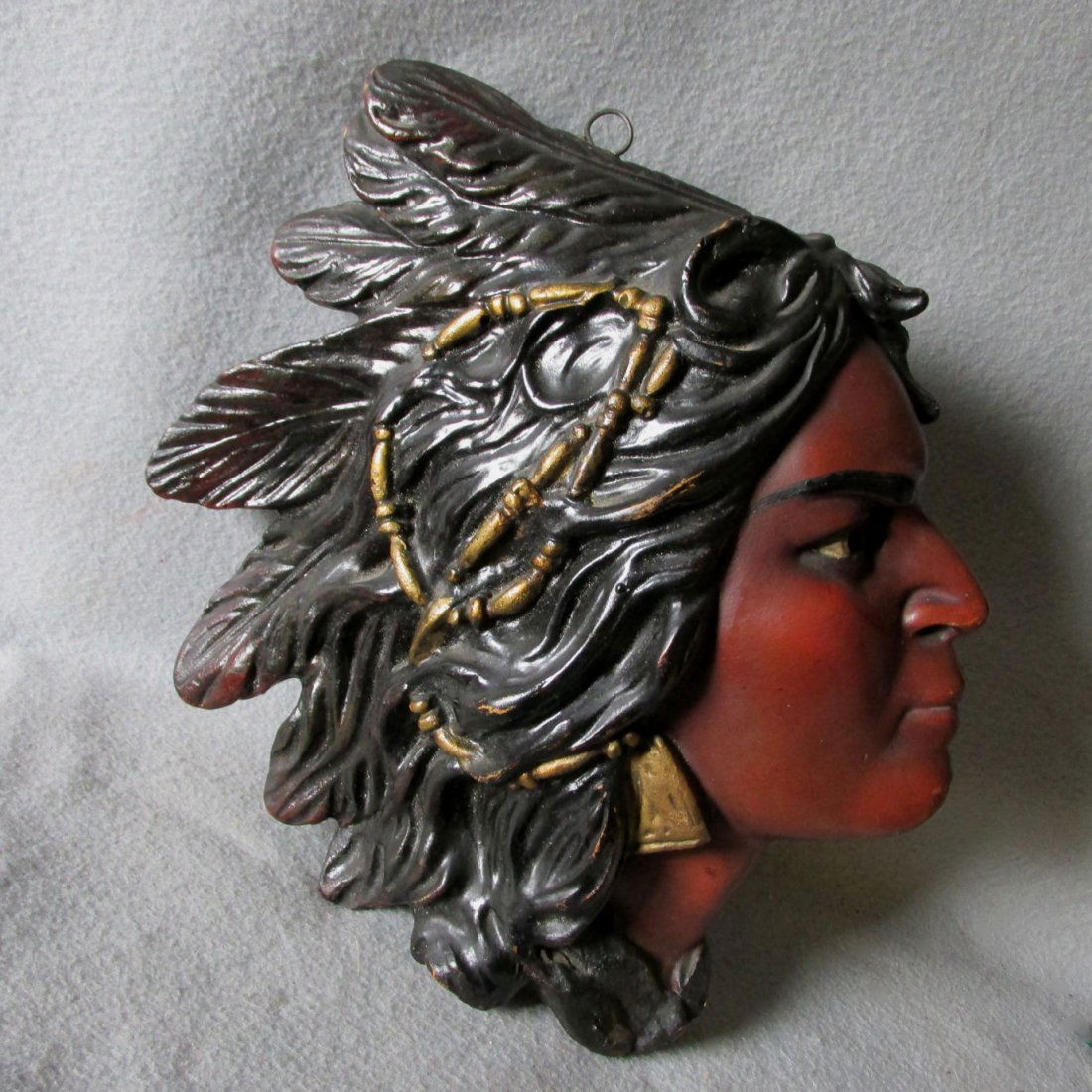 Antique Native American Indian Tobacco Advertising: An antique Native American Advertising Plaque. The Plaque is made of chalkware and retains the original painted finish. Shipping & Insurance within the USA is $24.00, foreign deliveries are based upon