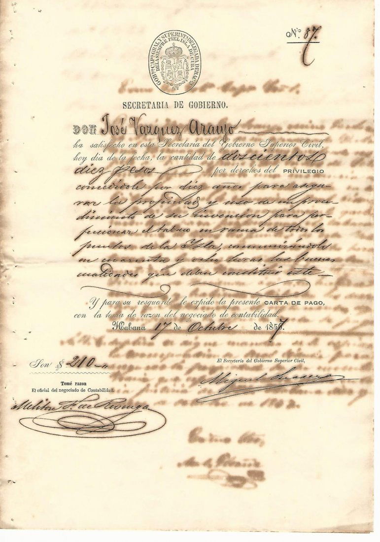 1857 Manuscript Cuban Patent Documents (1 of 2)