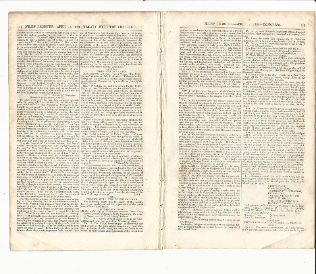 1832 Nile Weekly Creek Indian Treaty (1 of 1)