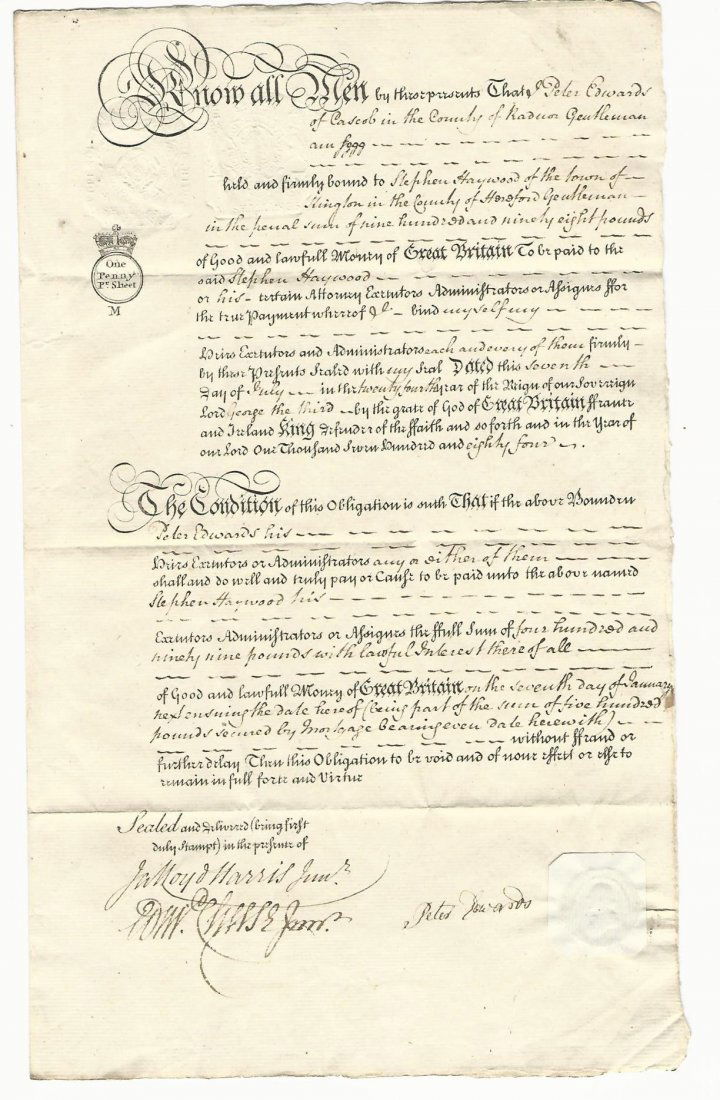 1784 English Obligation Bond (1 of 1)