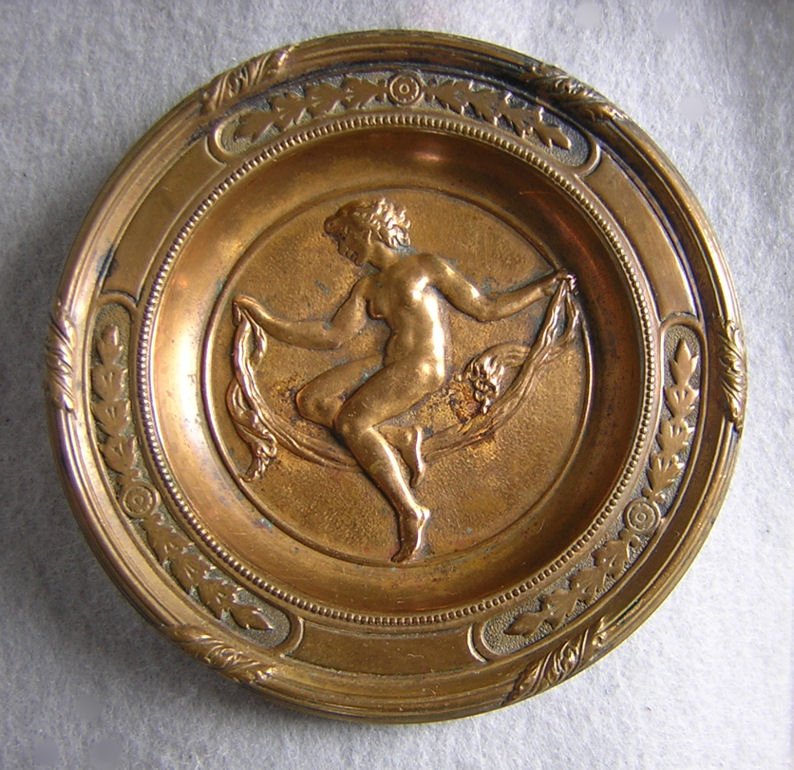Antique Art Nouveau, Art Deco Bronze Tray with Nude: An antique Art Nouveau, Art Deco tray. The tray is made of bronze and features an embossed design of a Nude Lady with a scarf. Shipping & insurance is $10.00 within the USA, foreign shipping rates are