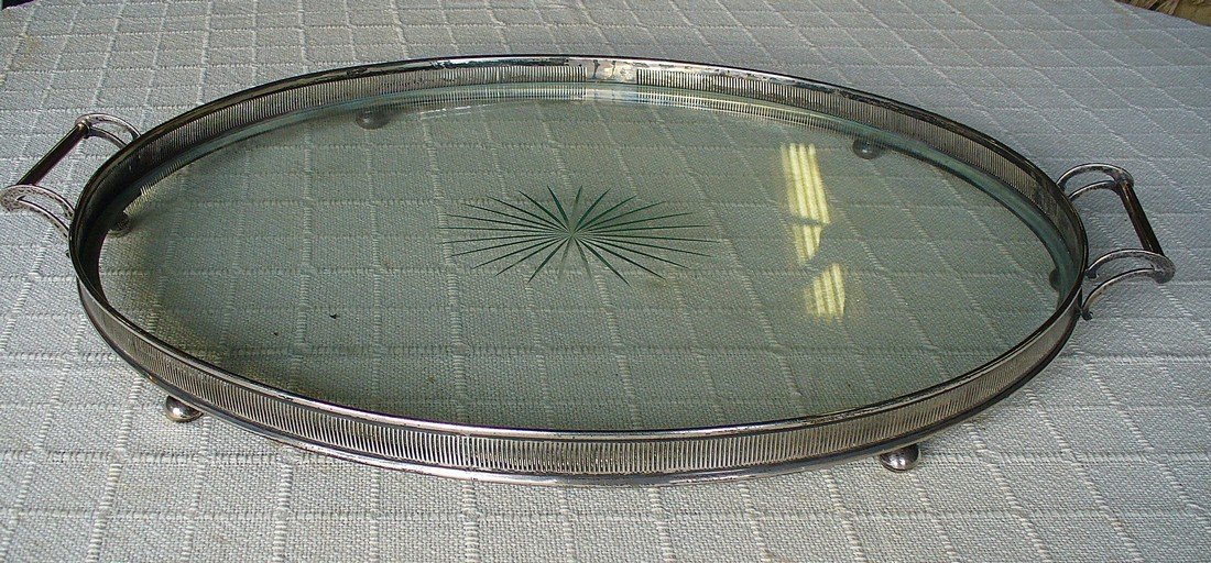 Sterling & etched glass butler's tray: Measures 18 1/2" x 27" and 2 1/2" tall. Marked STERLING 34 THE GORHAM CO. with Gorham hallmarks. Monogrammed on side JGS Buyer to arrange shipping.