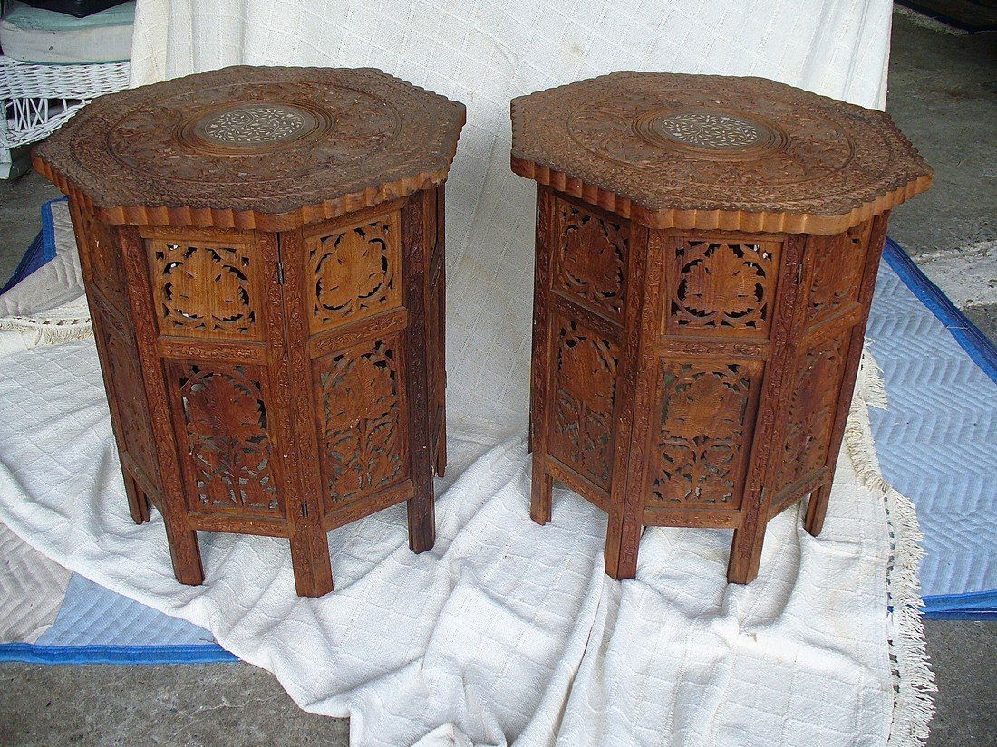 Pair of Moroccan carved inlaid side tables with folding (1 of 4)