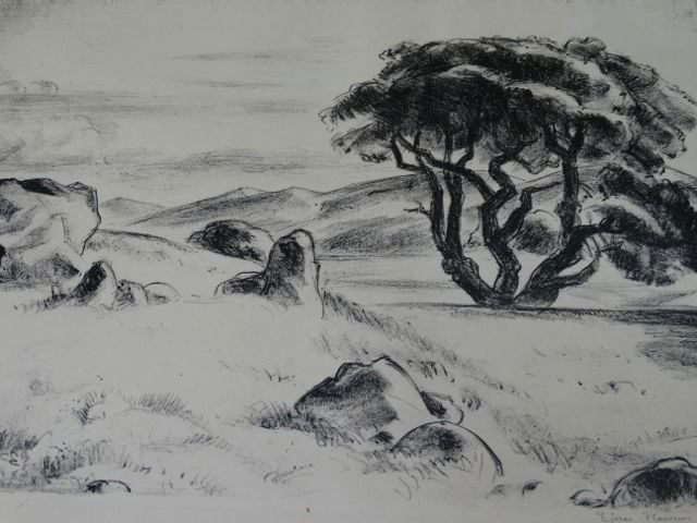 Ejnar Hansen: Western Landscape P1019: Ejnar Hansen old California landscape dotted with trees, strewn with rocks. Lithograph. 15 x 12. Framed, 25w x 22h. Born into poverty in Copenhagen, Denmark, Hansen (1884-1965) was raised on a dairy f