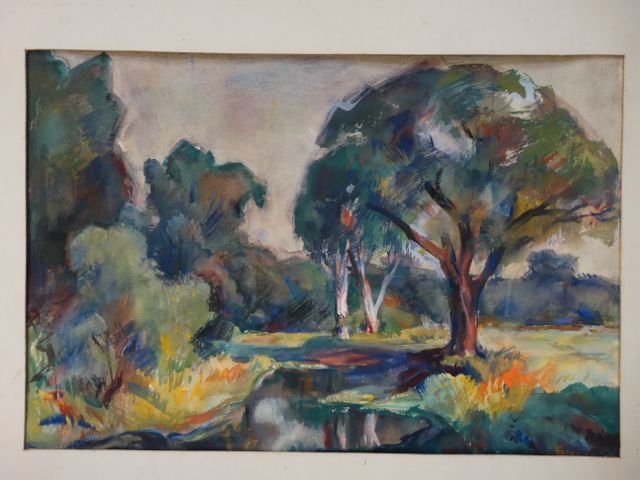 Ejnar Hansen: Landscape Watercolor P1030: Ejnar Hansen California landscape with a river running right through it! Watercolor on paper. 21” x 15”, unframed/unmatted. From Hansen Estate This item ships from Los Angeles, CA