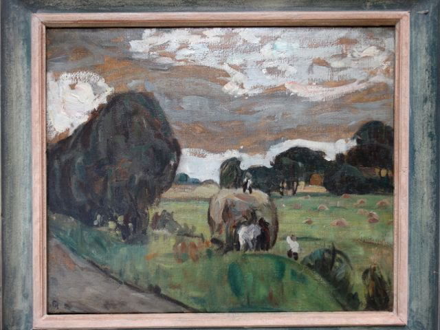 Ejnar Hansen “Hay Harvest” Landscape (1909) P958: Earlier Ejnar Hansen, beautiful landscape, farm and clouds. So evocative of a world that no longer exists – except in this great frame. Frame, 28?w x 25?h, Image 22?w x 18?h. From Hansen Estate This