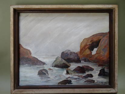 Ejnar Hansen "Rocky Seascape" P1003: Ejnar Hansen painting of a seascape with a lot of rocks and other interest, probably Laguna, one of his favorite locations. 1926. Oil on board, 25”w x 21”h with frame, image 22”w x 19”h. Born