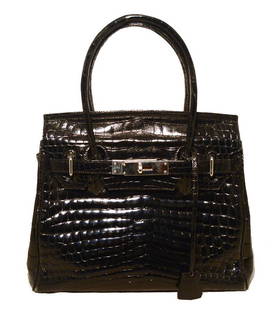 Lorenzi Vintage Black Crocodile Birkin Bag: GORGEOUS VINTAGE LORENZI black crocodile birkin bag in good vintage condition. Black crocodile exterior trimmed with silver hardware. Signature twist double strap closure opens to a black leather line