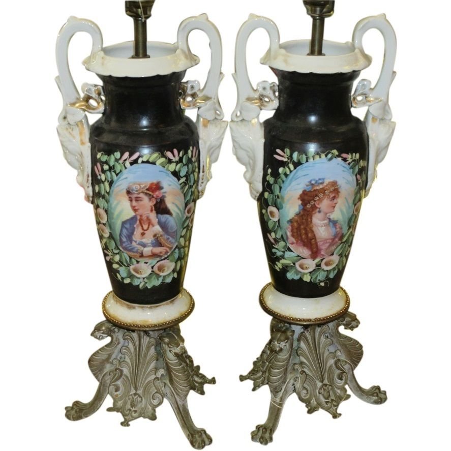 Pair of Antique Old Paris Porcelain Urn Form Lamps w (1 of 5)