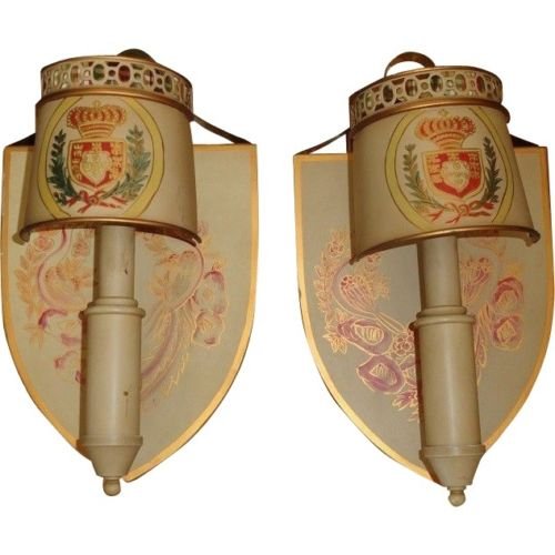 Unusual Pair of Hand Painted Tole Armorial Crest Light (1 of 5)