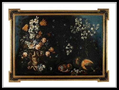 Spectacular Antique 17th C Italian Still Oil Painting: This lovely painting is a genuine Italian antique and dates to the late 17th to early 18th century. It is a stunning example depicting a floral still life with fruit and a figural urn. It is beau