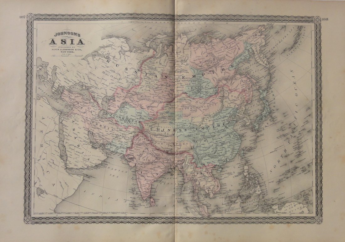 Map of Asia, 1868: Original engraving from Johnson's Atlas of the World, 1868. Map details cities, towns and territories. Dimensions: 18" x 26". This item ships from Ocean View, DE.