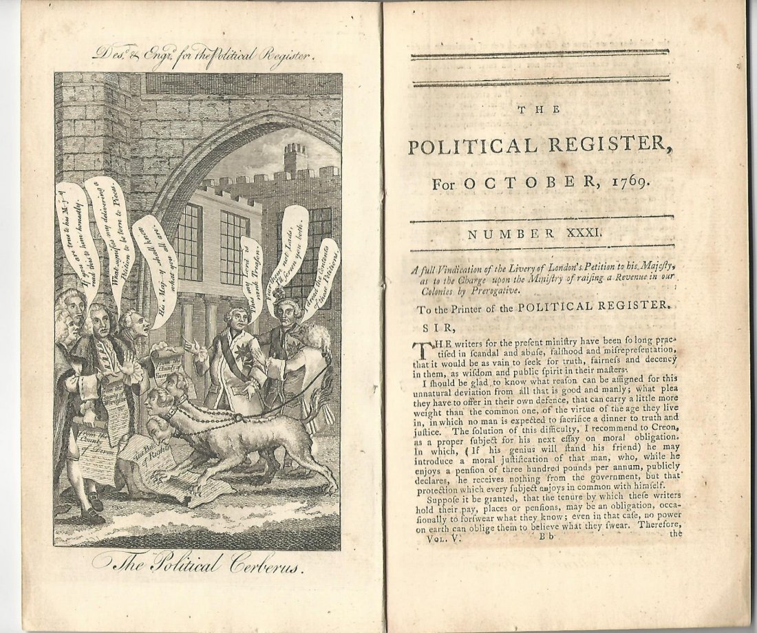 1769 The Political Register Cartoon Colonies: October 1769 issue of “The Political Register”, printed at London, 60 pages. English and American Colonial content. Includes satirical engraving at front of magazine. Disbound, fine condition, mea