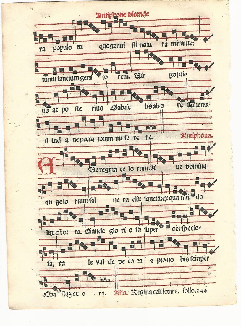1567 Red and Black Hymnal Leaf: A printed hymnal leaf in red and black from “Sacerdotal ad Consuetudinem Sacro Sancte…”, printed at Venice by Petri Liechtenstein. Fine, measures 6 x 8.5”. Free shipping within the continental